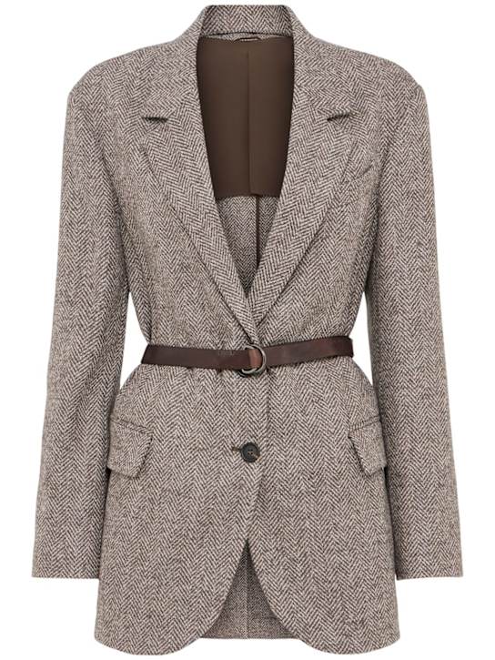 Brunello Cucinelli: Belted wool blend blazer - Brown/Multi - women_0 | Luisa Via Roma