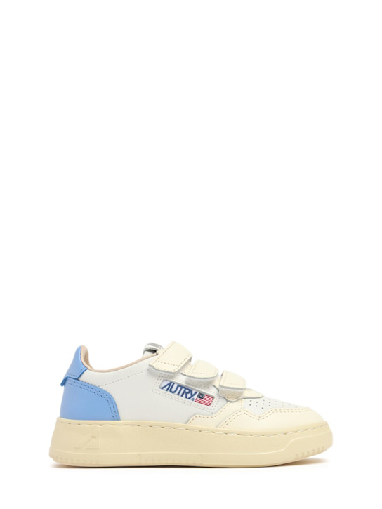 Autry: Kidstripes low leather strap sneakers - White/Light Blue - kids-boys_0 | Luisa Via Roma