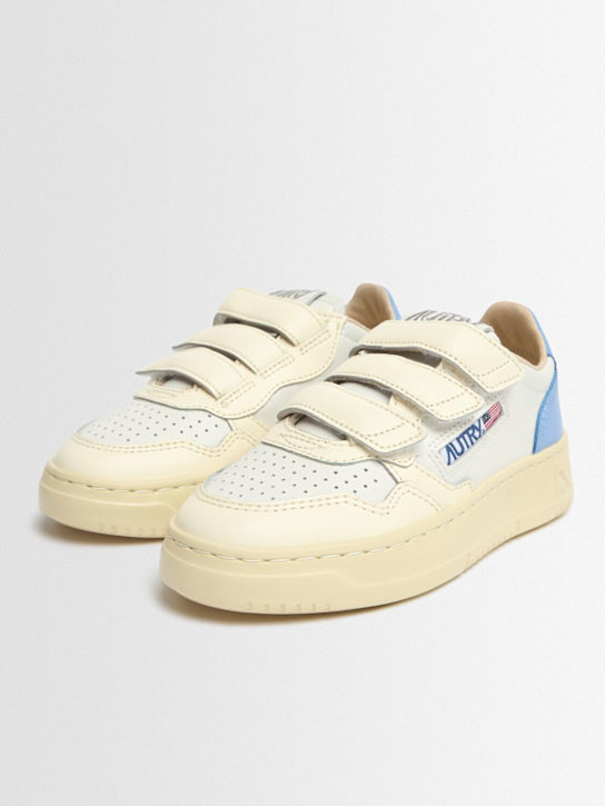 Autry: Kidstripes low leather strap sneakers - White/Light Blue - kids-boys_1 | Luisa Via Roma