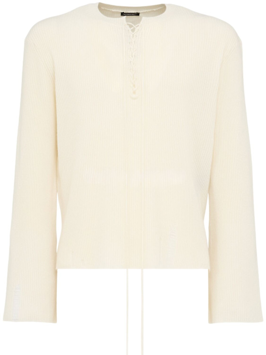 Ann Demeulemeester: Deder lace-up serafino wool sweater - Natural White - men_0 | Luisa Via Roma