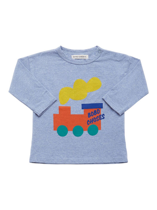 Bobo Choses: Train print organic cotton blend t-shirt - Light Blue - kids-boys_0 | Luisa Via Roma