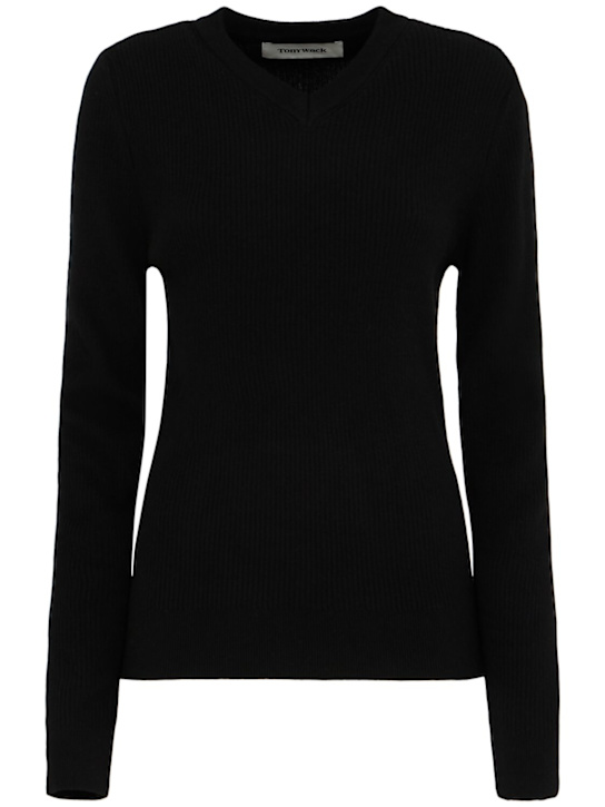 Tonywack: Super fine wool rib v-neck sweater - ブラック - women_0 | Luisa Via Roma