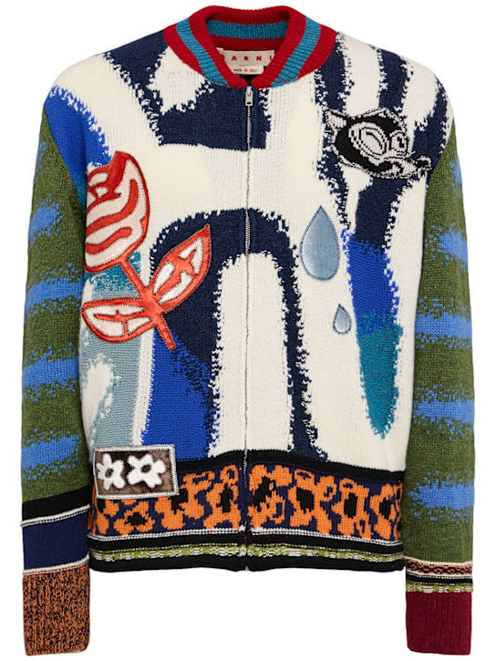 Marni: Intarsia jacquard bomber jacket - Multicolor - men_0 | Luisa Via Roma