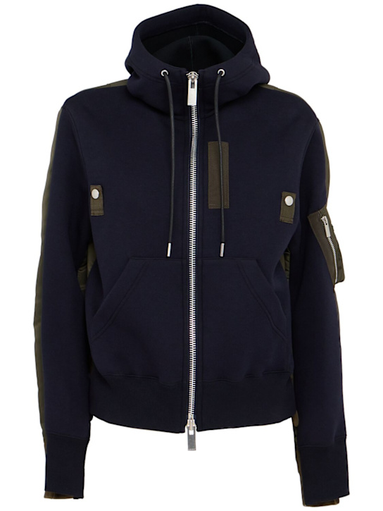 Sacai: Cotton blend hooded zip jacket - Navy/Khaki - women_0 | Luisa Via Roma