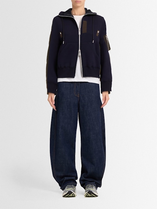 Sacai: Cotton blend hooded zip jacket - Navy/Khaki - women_1 | Luisa Via Roma