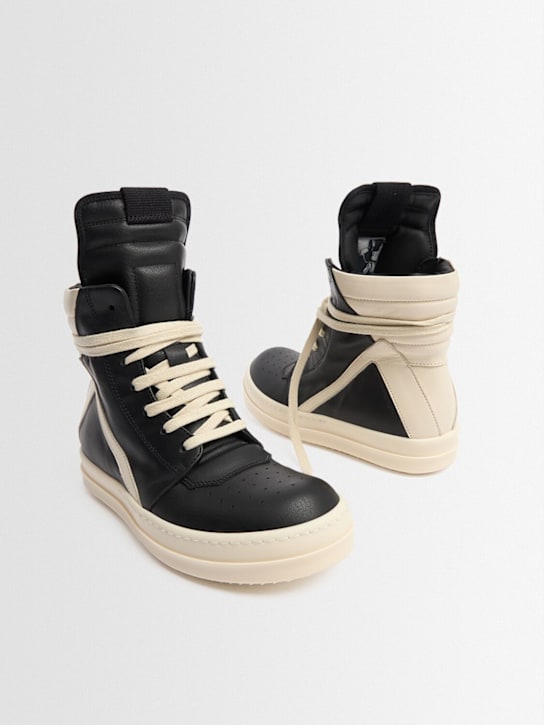 Rick Owens: Geobasket leather high top sneakers - Black/White - kids-boys_1 | Luisa Via Roma