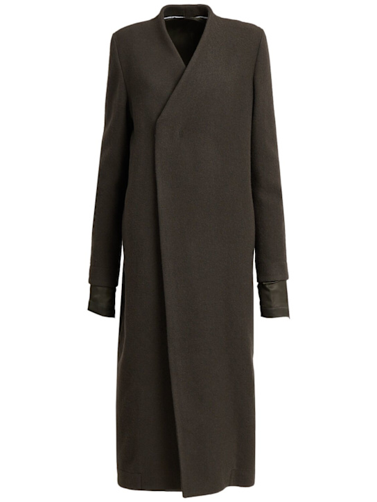 Rick Owens: Museum collarless boiled wool long coat - Brown - women_0 | Luisa Via Roma