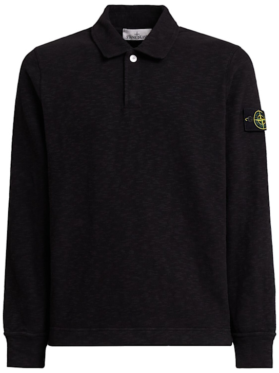 Stone Island: L/s heavy cotton jersey polo - Black - men_0 | Luisa Via Roma