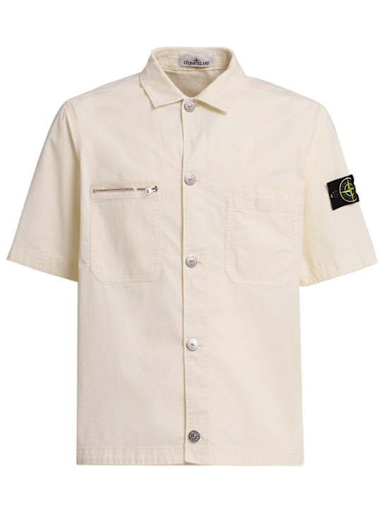 Stone Island: 弹力棉质斜纹衬衫 - 象牙色 - men_0 | Luisa Via Roma