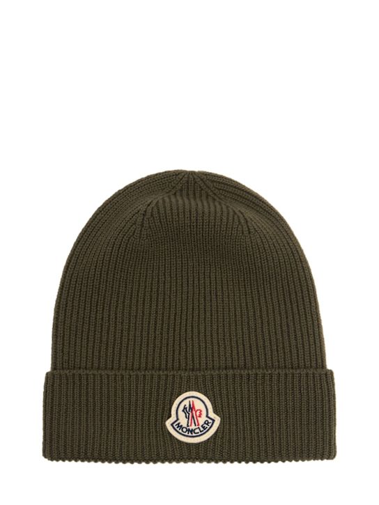 Moncler: Logo virgin wool beanie - Olive Green - men_0 | Luisa Via Roma
