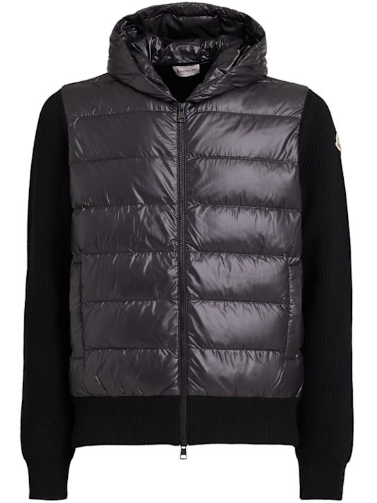 Moncler: Wool & tech down zip-up hoodie - ブラック - men_0 | Luisa Via Roma