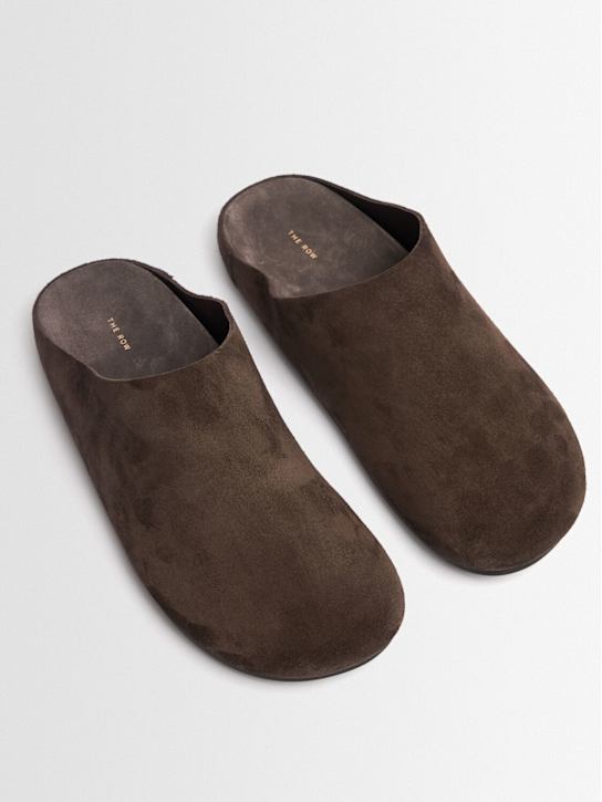 The Row: Hudson suede flat slides - Lacquer Brown - women_1 | Luisa Via Roma