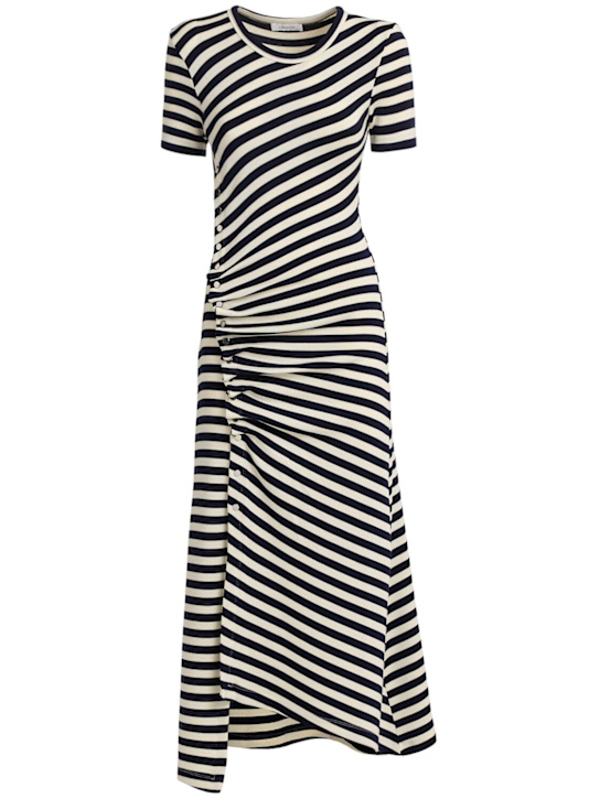 Rabanne: Striped draped midi dress - ホワイト/ネイビー - women_0 | Luisa Via Roma