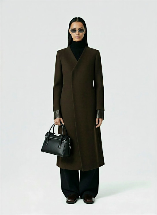 Rick Owens: Museum collarless boiled wool long coat - Brown - women_1 | Luisa Via Roma