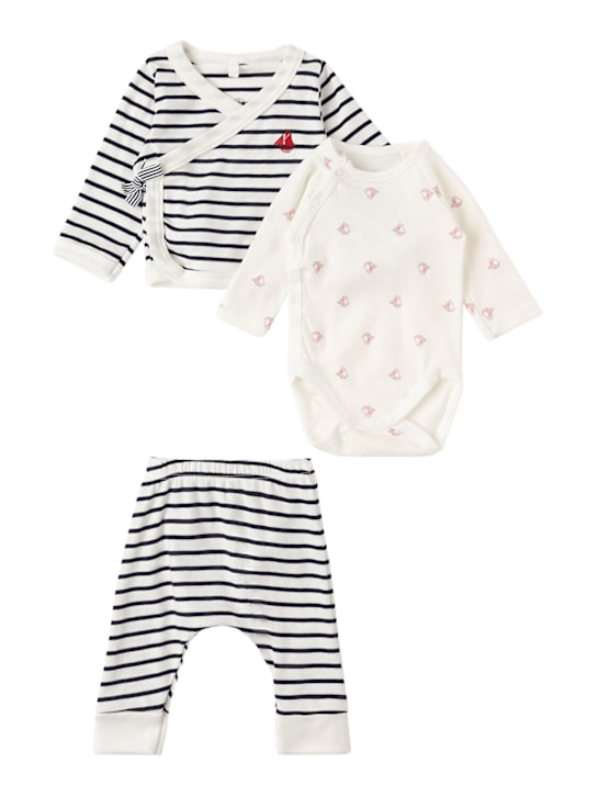Petit Bateau: Cotton cardigan, bodysuit & pants - Beige - kids-girls_1 | Luisa Via Roma