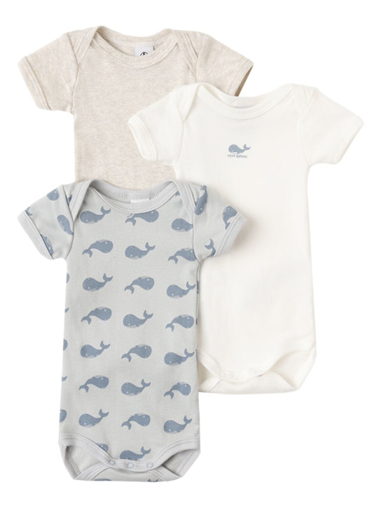 Petit Bateau: Set of 3 printed cotton bodysuits - Beige/Azul - kids-girls_0 | Luisa Via Roma