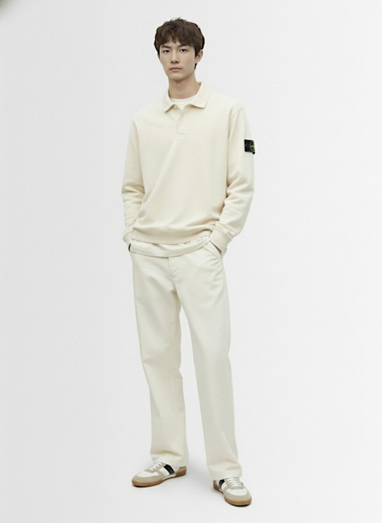 Stone Island: L/s heavy cotton jersey polo - Ivory - men_1 | Luisa Via Roma
