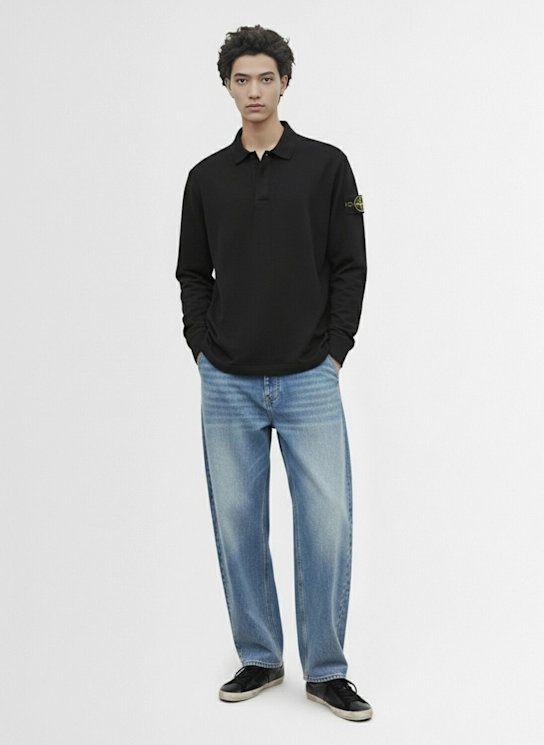 Stone Island: L/s heavy cotton jersey polo - Black - men_1 | Luisa Via Roma