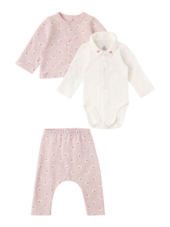 Petit Bateau: Cotton cardigan, bodysuit & pants - Rosa/Bianco - kids-girls_1 | Luisa Via Roma