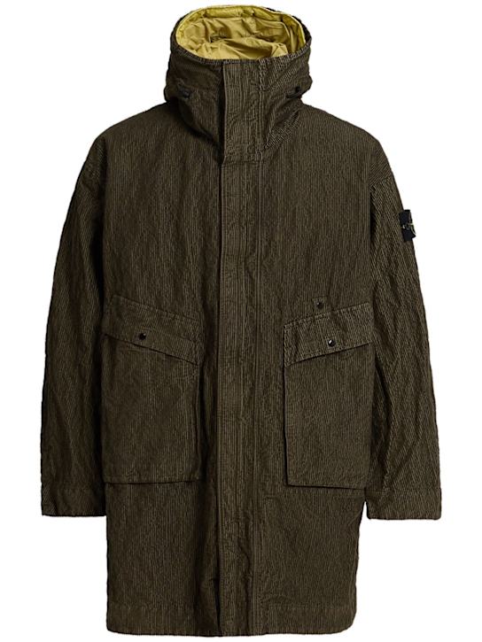 Stone Island: Long cotton blend corduroy parka - Military Green - men_0 | Luisa Via Roma