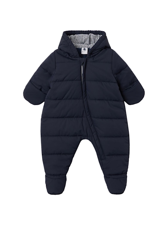 Petit Bateau: Hooded nylon puffer romper - Navy - kids-boys_0 | Luisa Via Roma