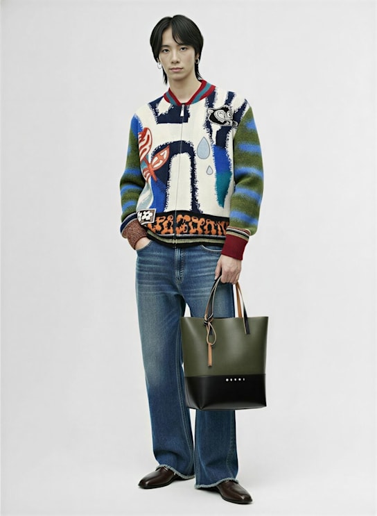 Marni: Intarsia jacquard bomber jacket - Multicolor - men_1 | Luisa Via Roma