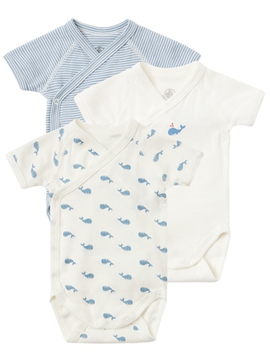 Petit Bateau: Set of 3 printed cotton bodysuits - Weiß/Blau - kids-girls_0 | Luisa Via Roma
