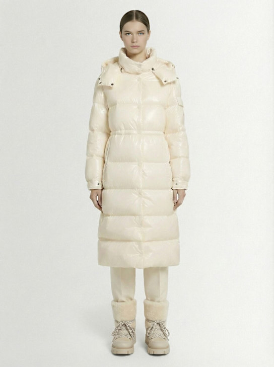 Moncler: Cavettaz long shiny nylon down jacket - Silk White - women_1 | Luisa Via Roma