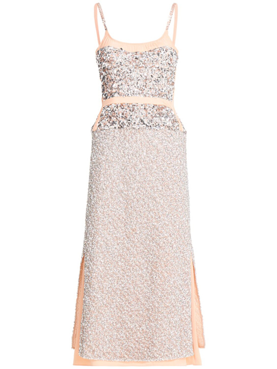 Rabanne: Vestido largo con lentejuelas - Plata/Beige - women_0 | Luisa Via Roma