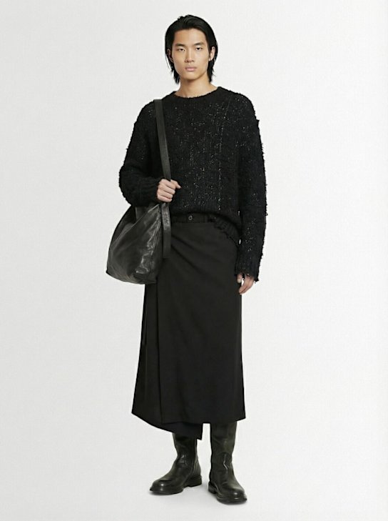 Yohji Yamamoto: Matted wool round neck sweater - Black - men_1 | Luisa Via Roma