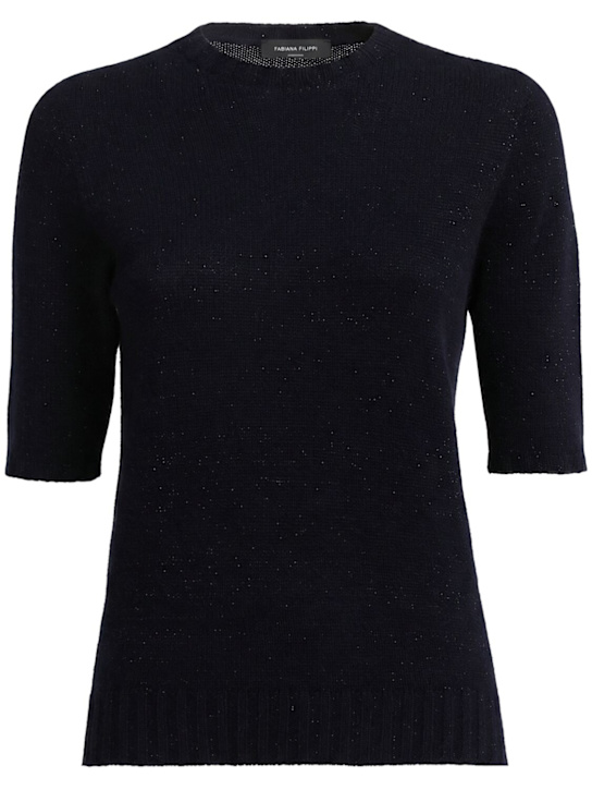 Fabiana Filippi: Top à manches courtes en laine mélangée - Bleu Marine - women_0 | Luisa Via Roma