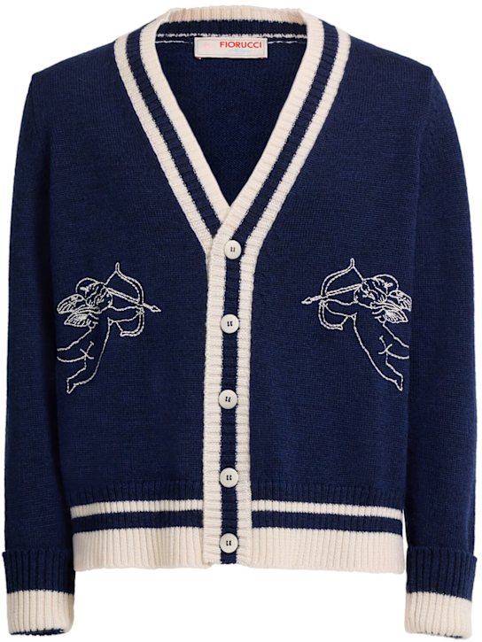 Fiorucci: Double cupid embroidered wool cardigan - 海军蓝 - men_0 | Luisa Via Roma