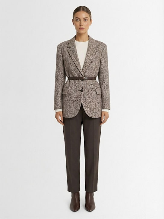 Brunello Cucinelli: Blazer in misto lana con cintura - Marrone/Multi - women_1 | Luisa Via Roma
