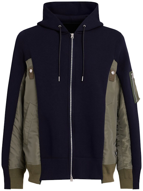 Sacai: Cotton sweat & nylon twill hoodie - Navy/Khaki - men_0 | Luisa Via Roma