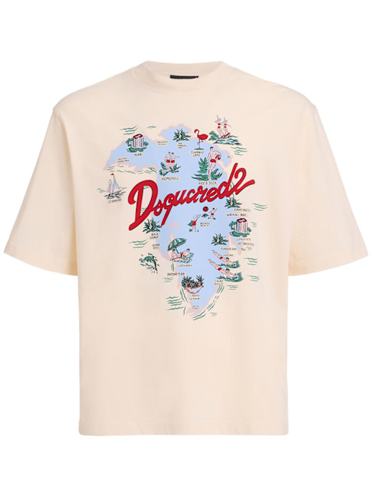 Dsquared2: Loose fit printed cotton t-shirt - Ivory - men_0 | Luisa Via Roma