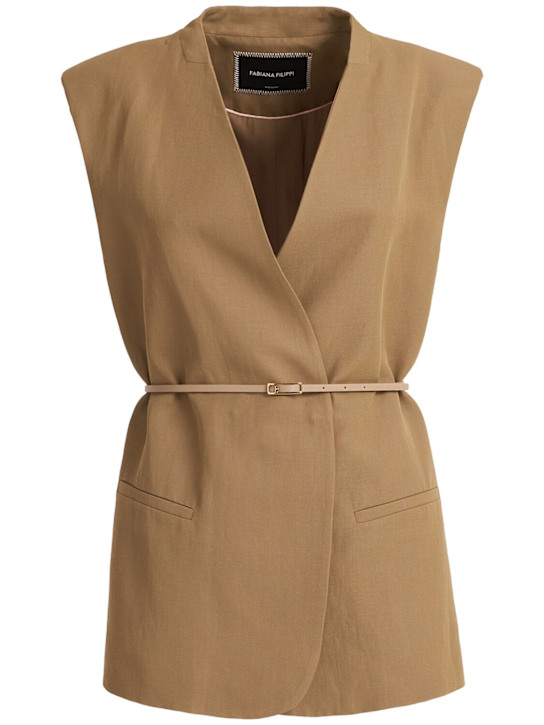 Fabiana Filippi: Viscose & linen vest w/ leather belt - 棕色 - women_0 | Luisa Via Roma