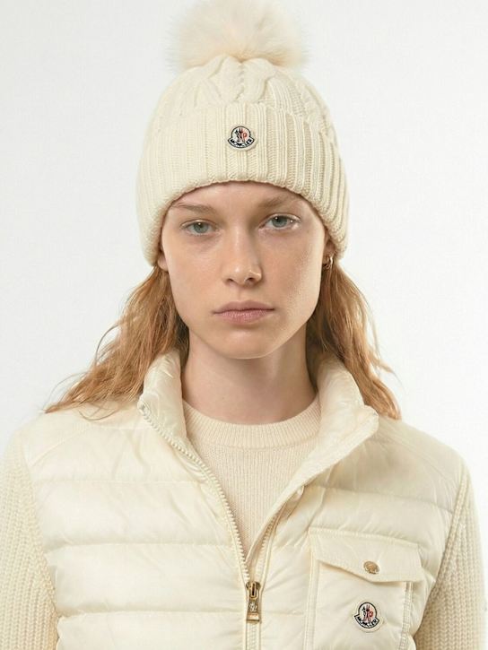 Moncler: Wool blend beanie w/ pom pom - Optic White - women_1 | Luisa Via Roma