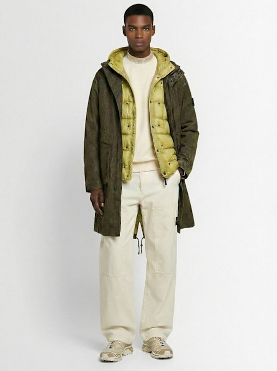 Stone Island: Long cotton blend corduroy parka - Military Green - men_1 | Luisa Via Roma