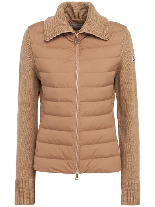 Moncler: 羊毛拉链开衫式填充夹克 - 米黄色 - women_0 | Luisa Via Roma
