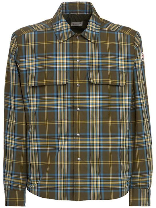 Moncler: Monogram checked nylon shirt jacket - Sky Blue/Olive - men_0 | Luisa Via Roma