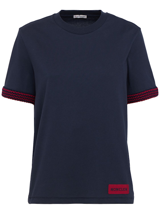 Moncler: 勾编饰边棉质 Logo T 恤 - 深蓝色 - women_0 | Luisa Via Roma