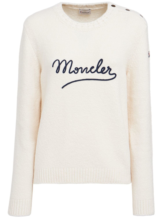 Moncler: Embroidered logo cotton blend sweater - White - women_0 | Luisa Via Roma