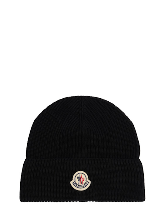 Moncler: Logo Cotton Beanie - ブラック - men_0 | Luisa Via Roma