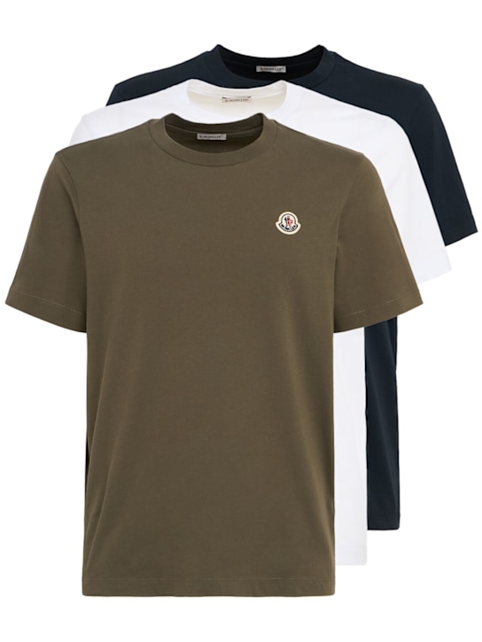Moncler: 3 pack logo patch cotton t-shirt - Blue/Green/White - men_0 | Luisa Via Roma