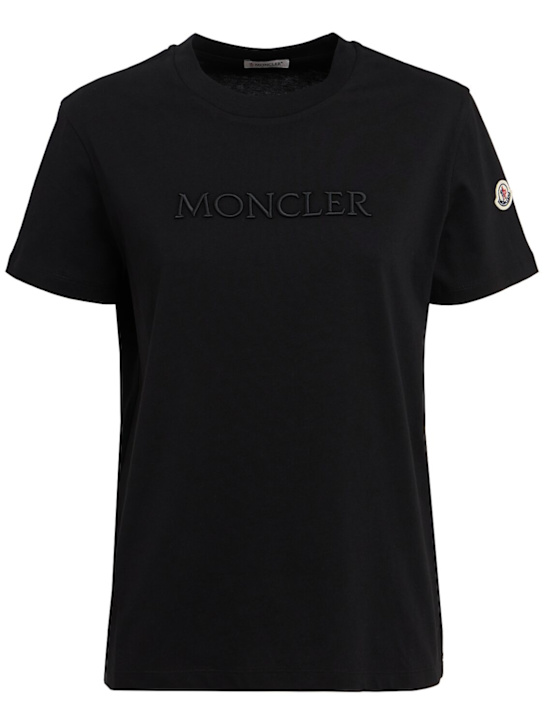 Moncler: Embroidered tonal logo cotton t-shirt - Black - women_0 | Luisa Via Roma