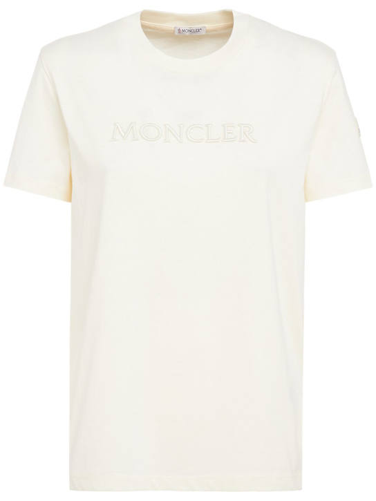 Moncler: Embroidered tonal logo cotton t-shirt - Avorio - women_0 | Luisa Via Roma