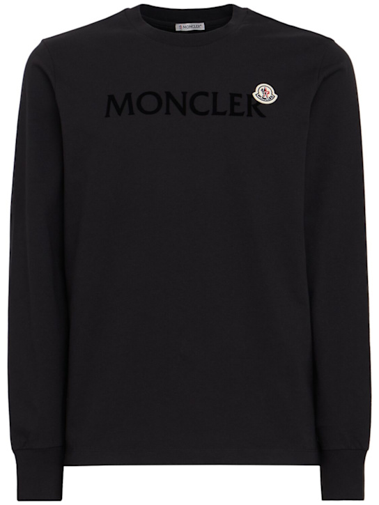 Moncler: Logo cotton l/s t-shirt - Black - men_0 | Luisa Via Roma