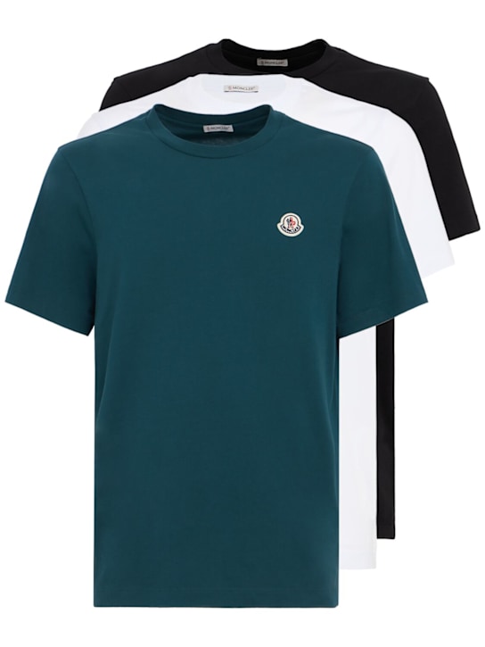 Moncler: 3 pack logo patch cotton t-shirt - White/Green/Bla - men_0 | Luisa Via Roma