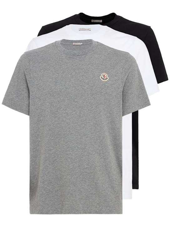 Moncler: 3 pack logo patch cotton t-shirt - White/Grey/Blac - men_0 | Luisa Via Roma