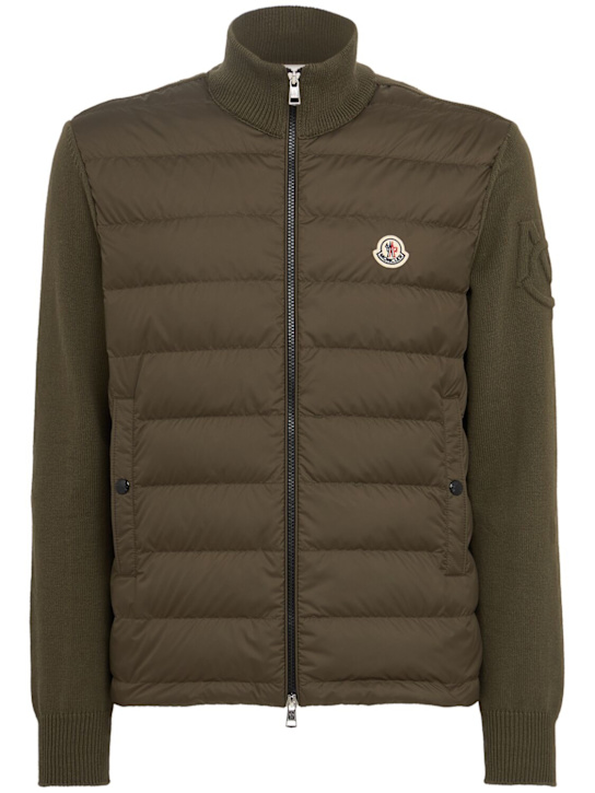 Moncler: Padded zip-up cotton blend down cardigan - Olive Green - men_0 | Luisa Via Roma
